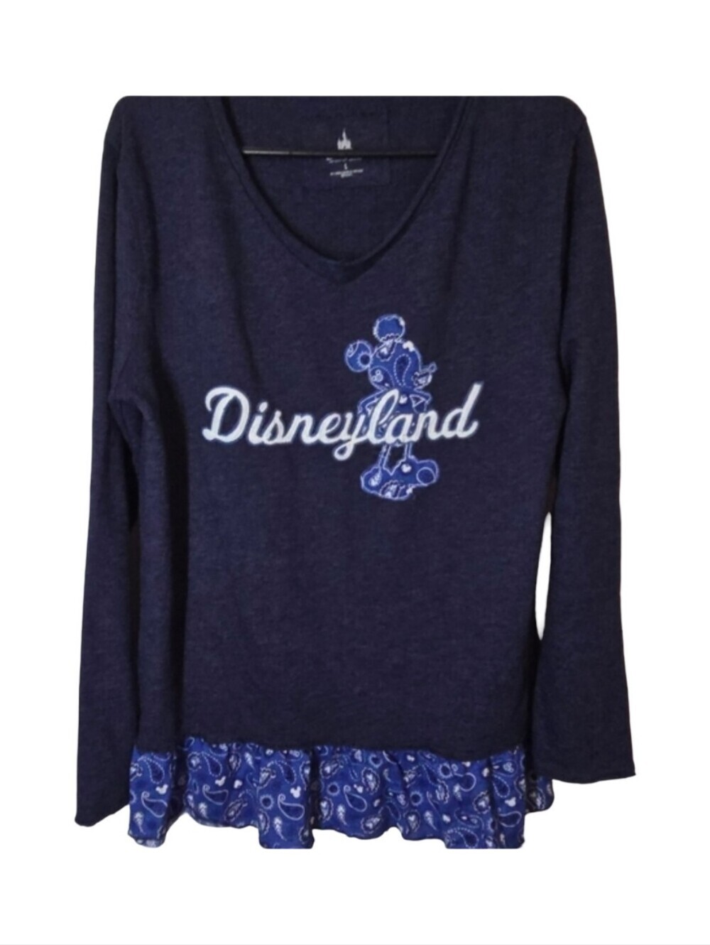 Disney Navy Women's Sweater Mickey Mouse Ruffle Hem Vacation Travel Paisley - Picture 4 of 5